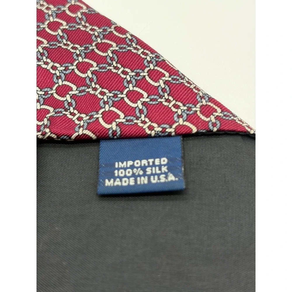 Saks Fifth Avenue Designer USA Tie, Handmade Red Geometric Chain Link 100% Silk